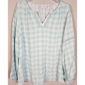 D&Co Denim Company Blue White Gingham Check Top 2X Cottage Boho Chic Coastal